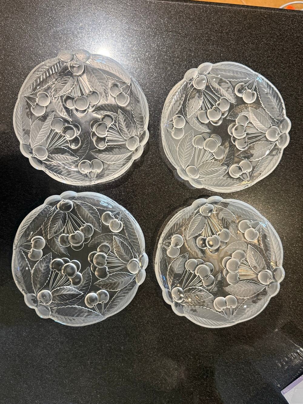 Vintage Frosted Clear Glass Cherry Plates Set of 4 Salad Dessert Plates 7.5"